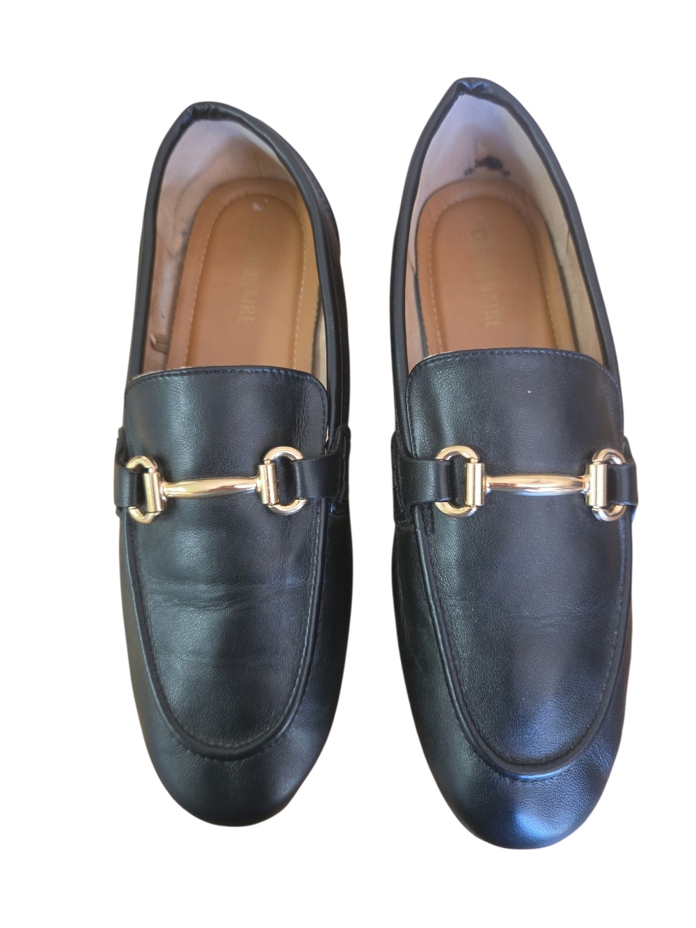 Classic Black Leather Women's Loafers with Gold Bit Hardware